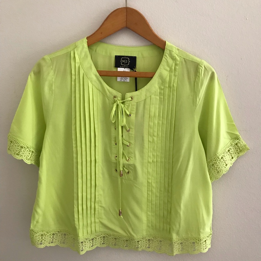 M2 Apple lime Green Pleated Tie Lace Trim Crop Top